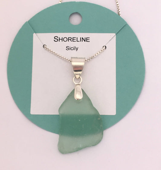 Shoreline Pendant - Aqua sea glass from Sicily with smooth triangular Sterling silver bail, on a boxchain