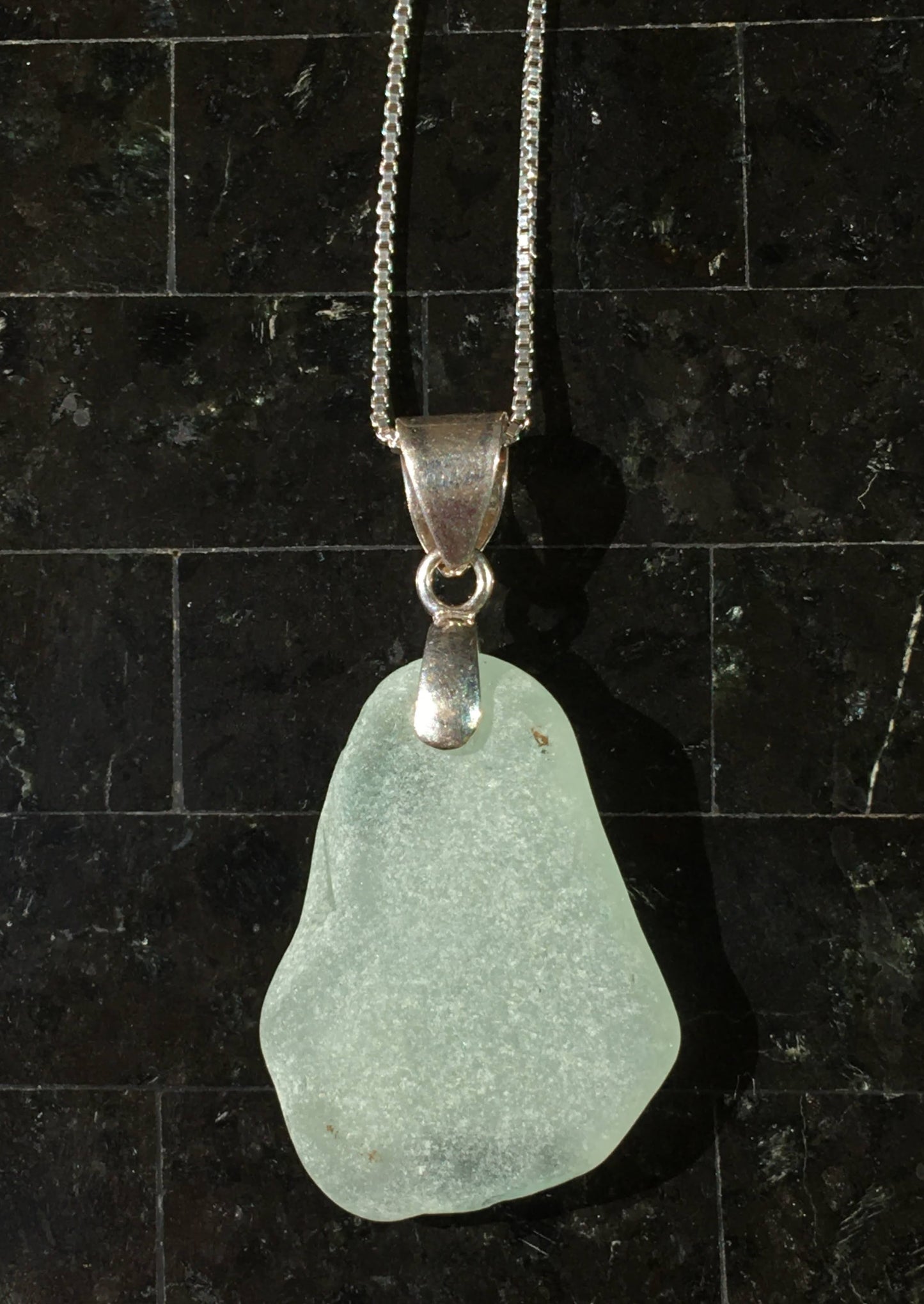 Shoreline Pendant - Pale aqua sea glass from Croatia with smooth triangular Sterling silver bail, on a boxchain