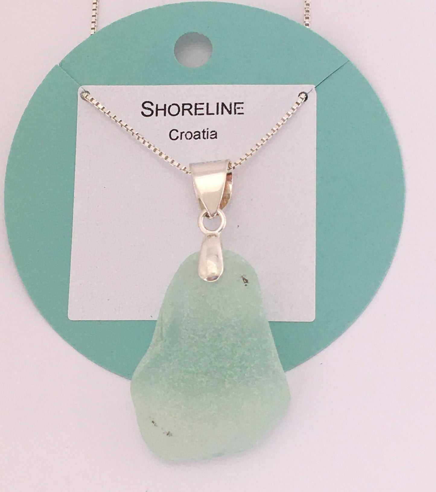 Shoreline Pendant - Pale aqua sea glass from Croatia with smooth triangular Sterling silver bail, on a boxchain