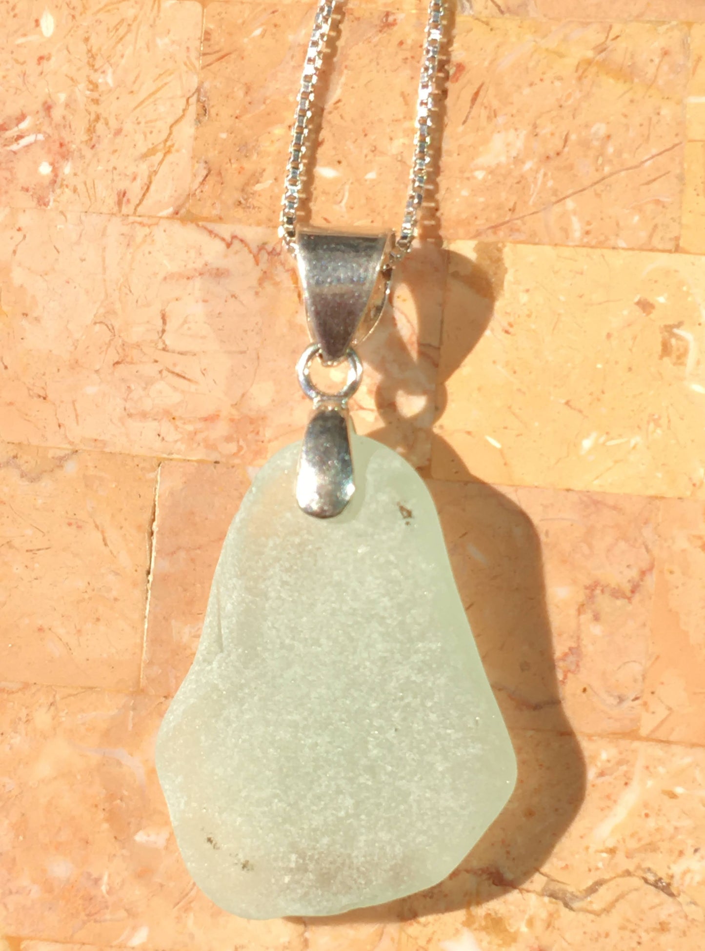 Shoreline Pendant - Pale aqua sea glass from Croatia with smooth triangular Sterling silver bail, on a boxchain