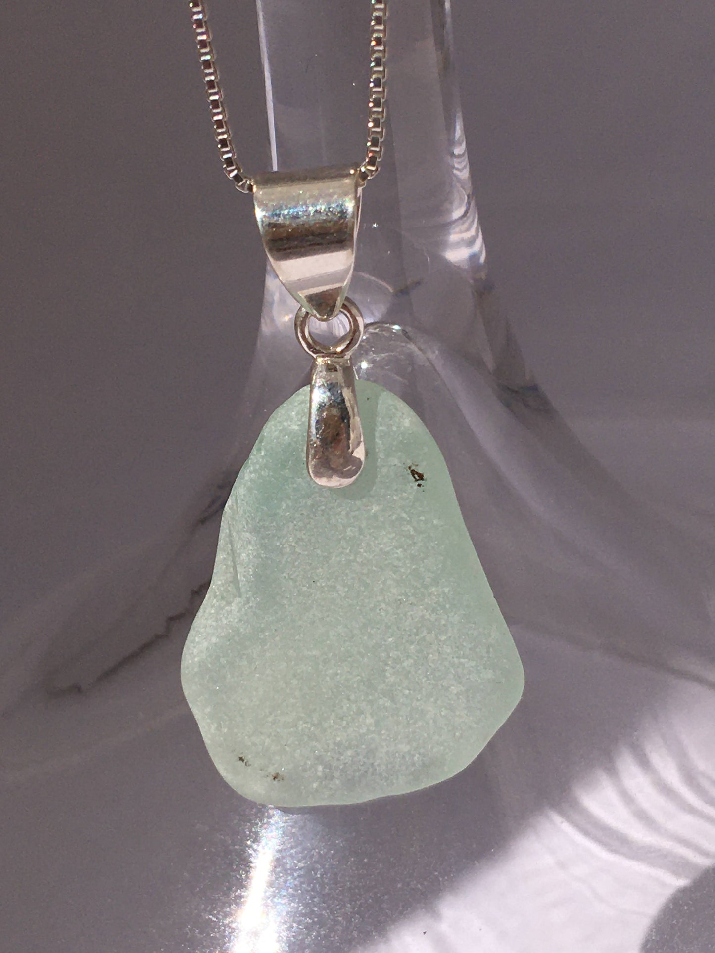 Shoreline Pendant - Pale aqua sea glass from Croatia with smooth triangular Sterling silver bail, on a boxchain