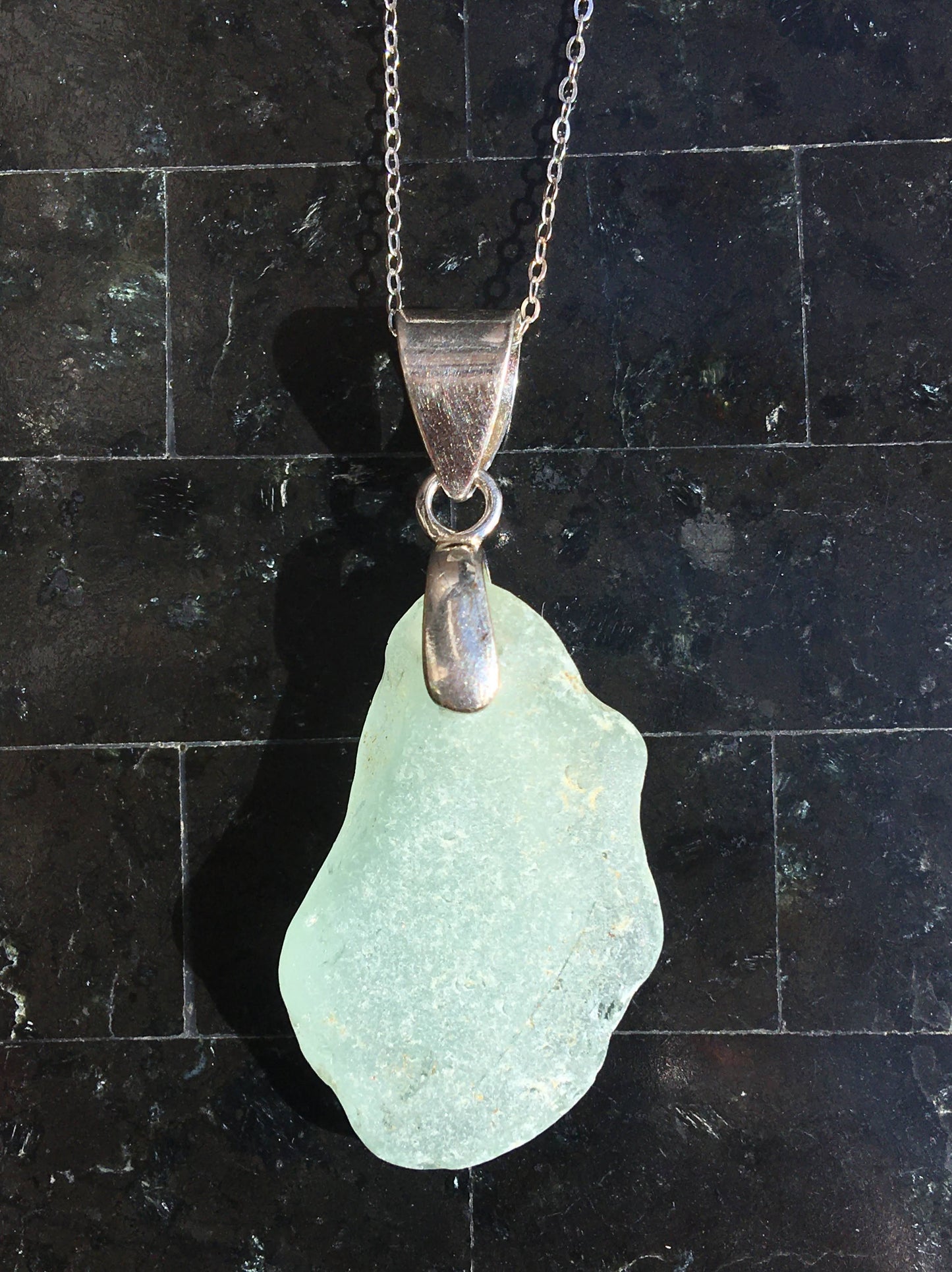 Shoreline Pendant - Pale aqua sea glass from Northern California with smooth triangular Sterling silver bail, on a boxchain