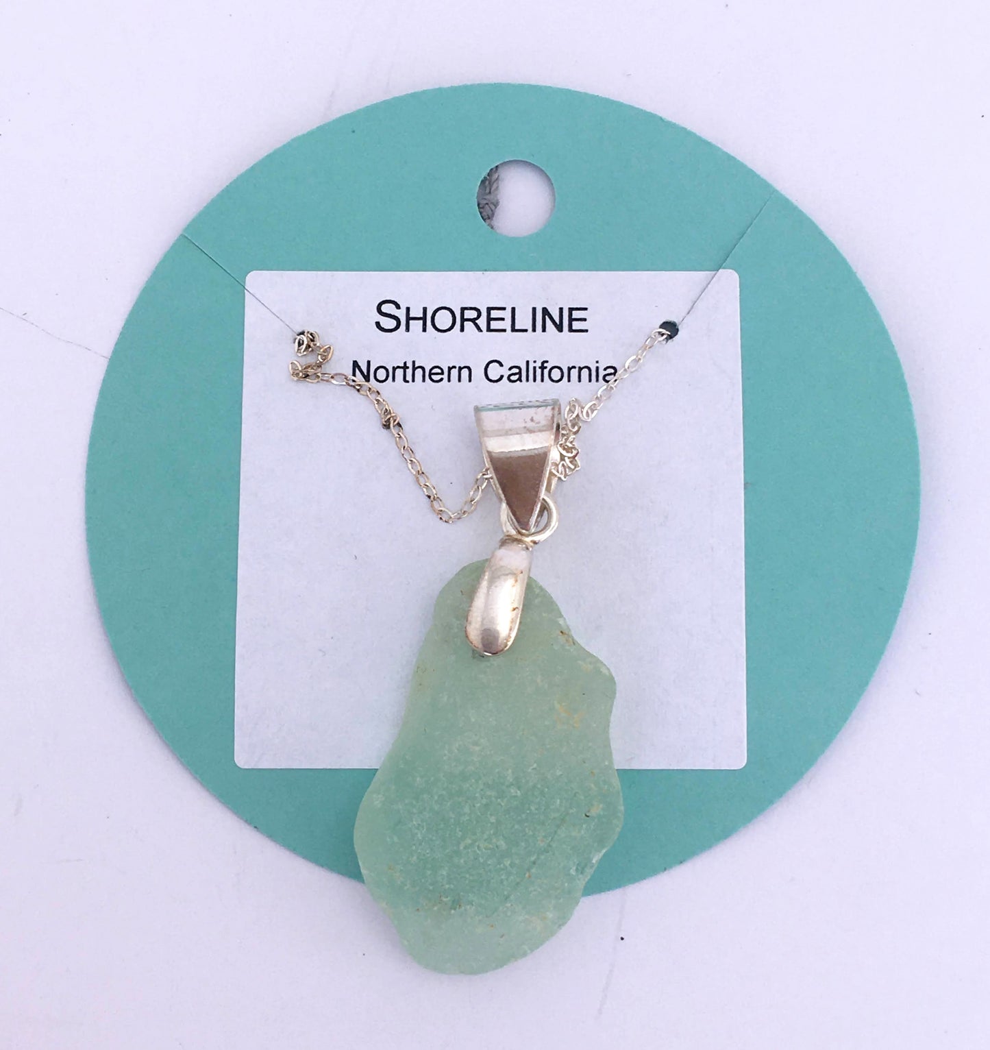 Shoreline Pendant - Pale aqua sea glass from Northern California with smooth triangular Sterling silver bail, on a boxchain