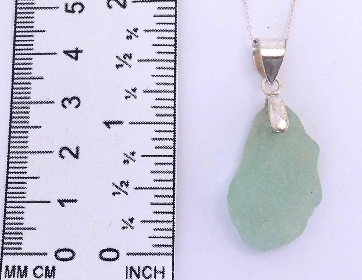 Shoreline Pendant - Pale aqua sea glass from Northern California with smooth triangular Sterling silver bail, on a boxchain