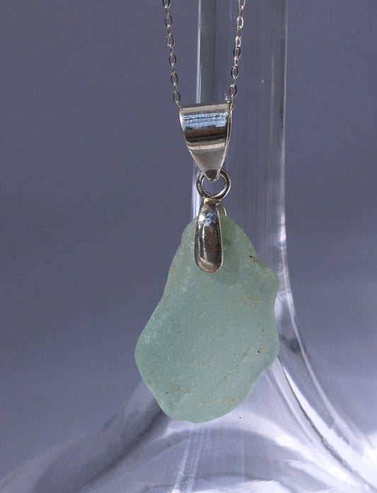 Shoreline Pendant - Pale aqua sea glass from Northern California with smooth triangular Sterling silver bail, on a boxchain
