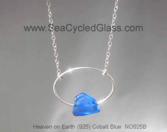 Heaven on Earth - Necklace with Cobalt Blue Sydney, Cape Breton, Nova Scotia sea glass mounted on Sterling Silver oval, chain and toggle clasps