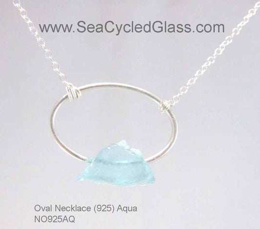 Necklace with Turquoise / Aqua Bermuda sea glass mounted on Sterling Silver oval, chain and toggle clasps