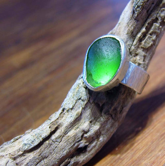 Sea of Green - Hand Forged Sterling silver ring with bezel set Kelly green sea glass from Sydney, Nova Scotia on a hand textured shank, size 6.25