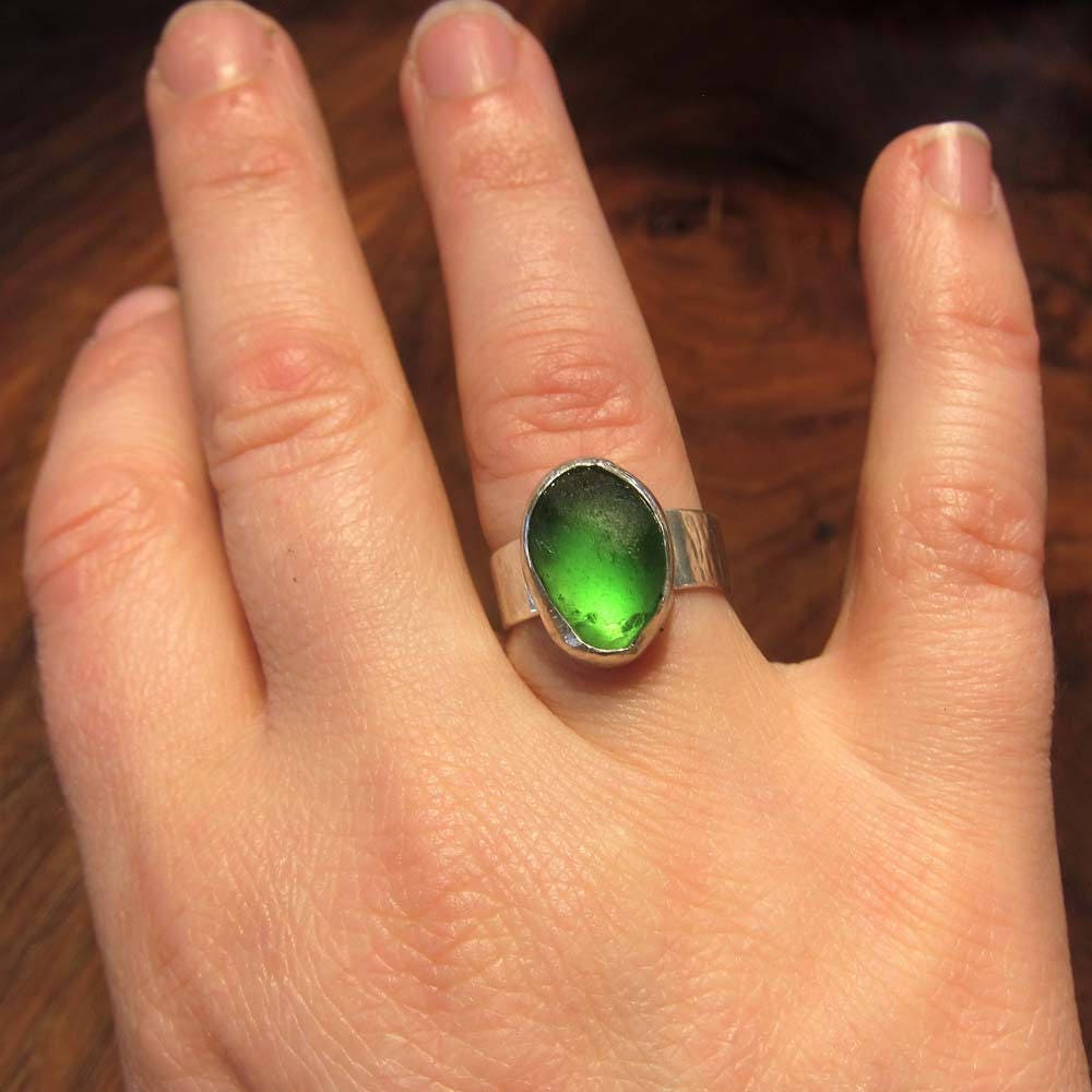 Sea of Green - Hand Forged Sterling silver ring with bezel set Kelly green sea glass from Sydney, Nova Scotia on a hand textured shank, size 6.25