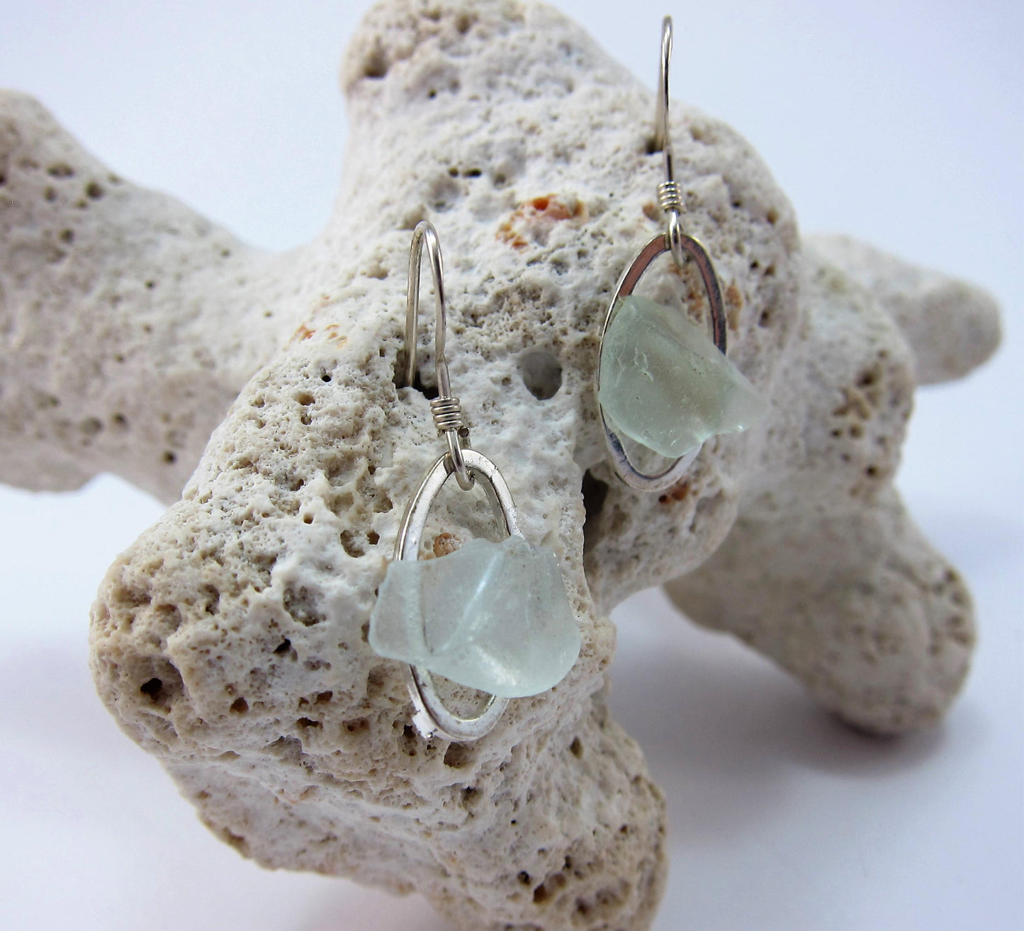 Littest's Mermaid's Tears Earrings -  White sea glass from South Shore of Nova Scotia, Canada on small silverplate oval