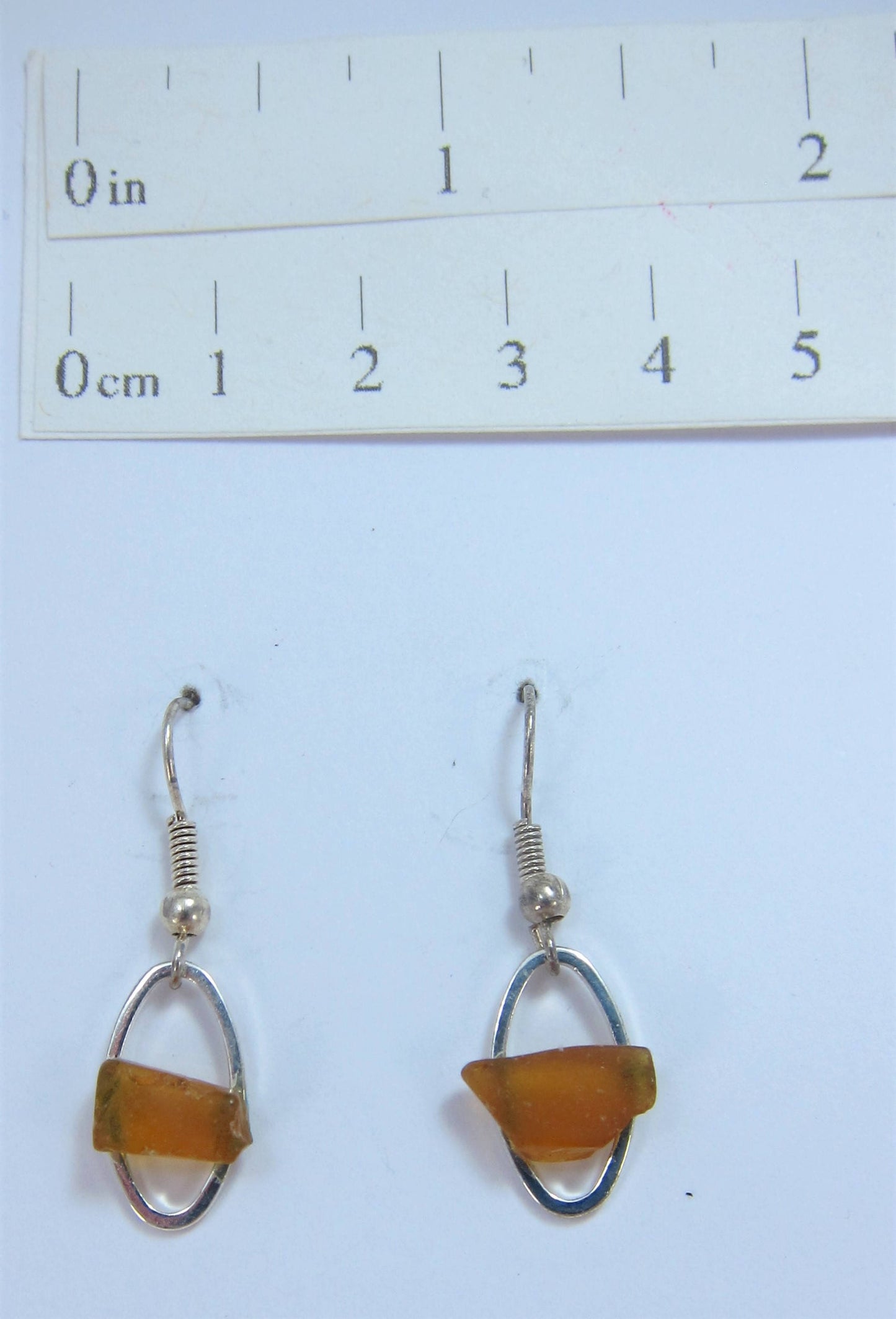 Littest's Mermaid's Tears Earrings - Amber sea glass from South Shore of Nova Scotia, Canada on small silverplate oval