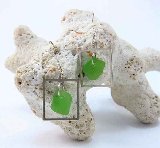 Framed! Earrings with green sea glass from Cape Breton, Nova Scotia, Canada framed in sterling silver on a nickle-free hook
