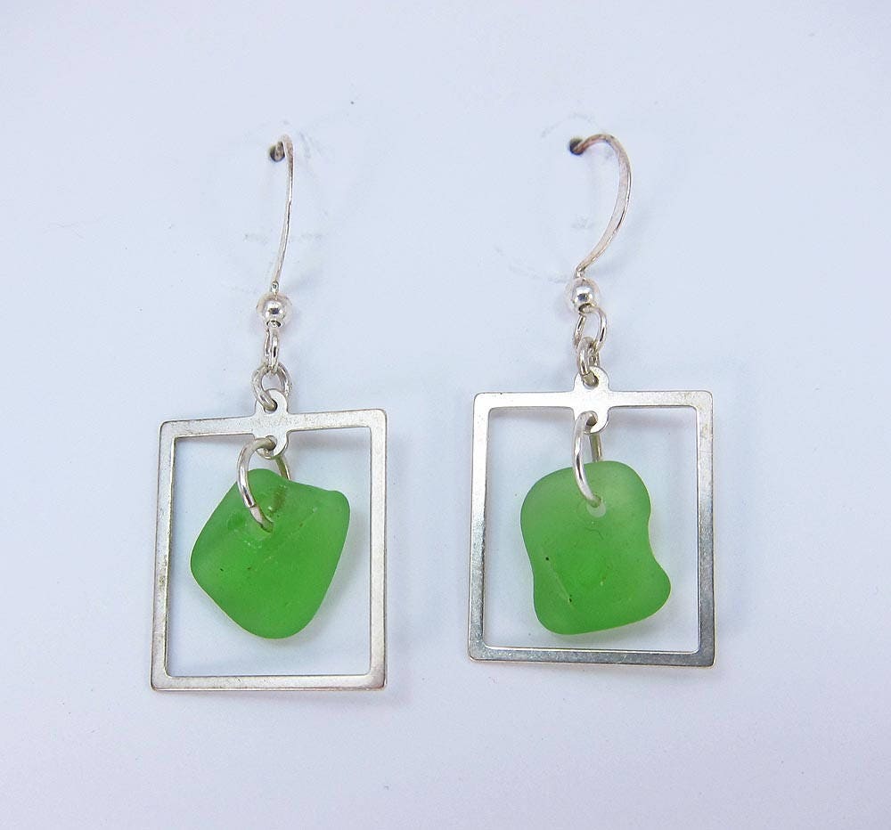 Framed! Earrings with green sea glass from Cape Breton, Nova Scotia, Canada framed in sterling silver on a nickle-free hook