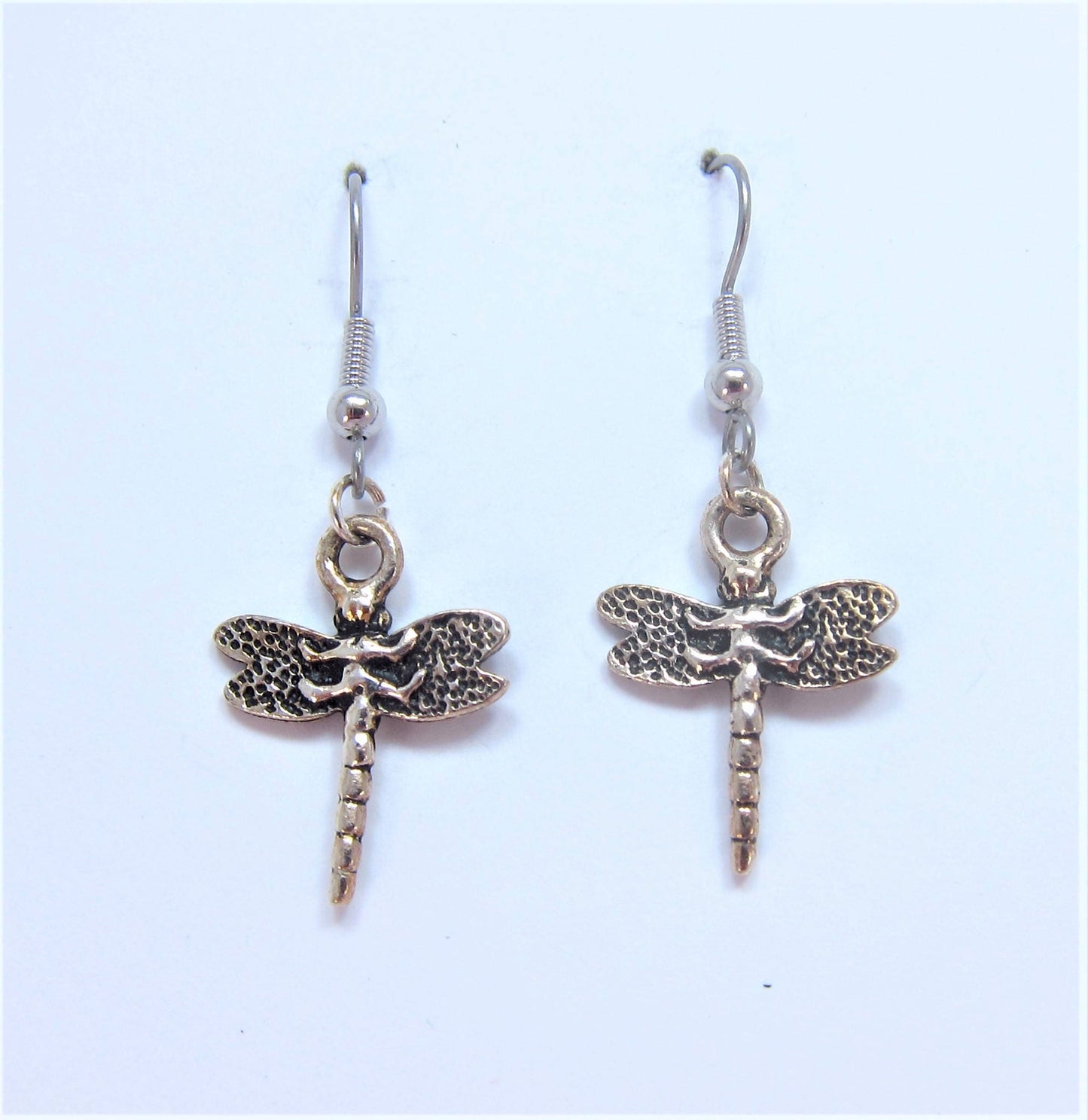 Charmed! Dragonfly earrings silver plate antique finish on hypoallergenic surgical steel hooks