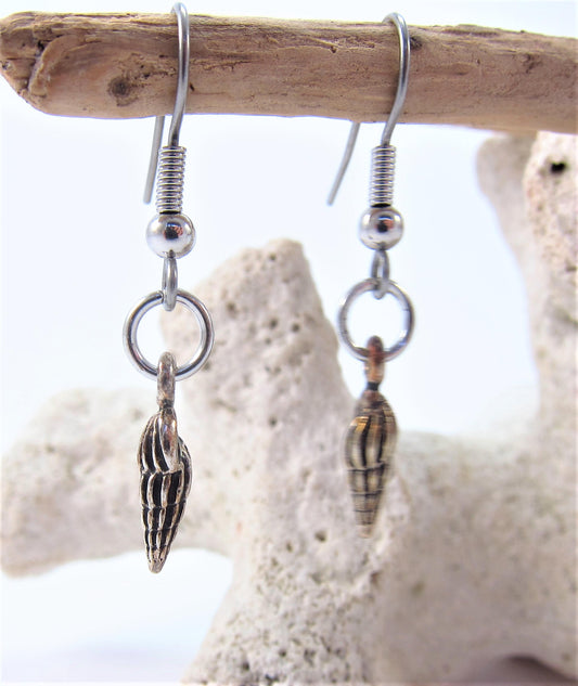 Charmed! Spiral sea shell earrings silver plate antique finish on hypoallergenic surgical steel hooks