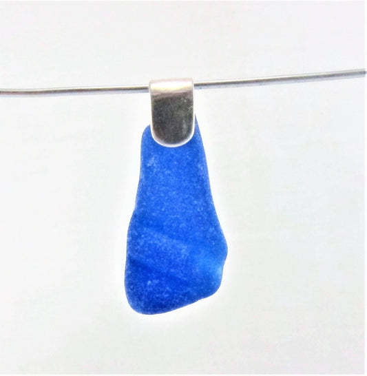 Shoreline Pendant - Cobalt blue sea glass from Sydney, Cape Breton, Nova Scotia, Canada with wide modern 925 Sterling silver bail with chain
