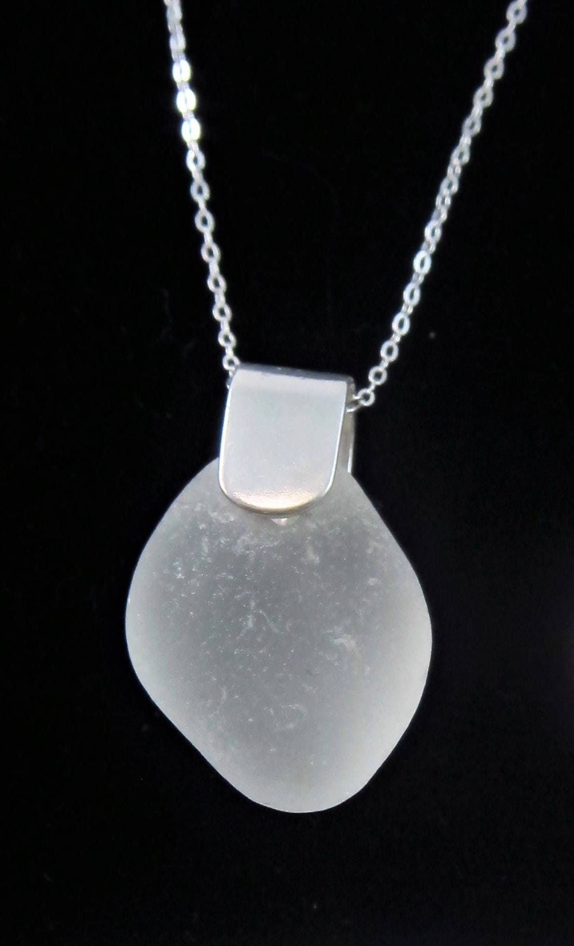 Shoreline Pendant - White frosted sea glass from Sydney, Cape Breton, Nova Scotia, Canada with wide modern Sterling silver bail with chain