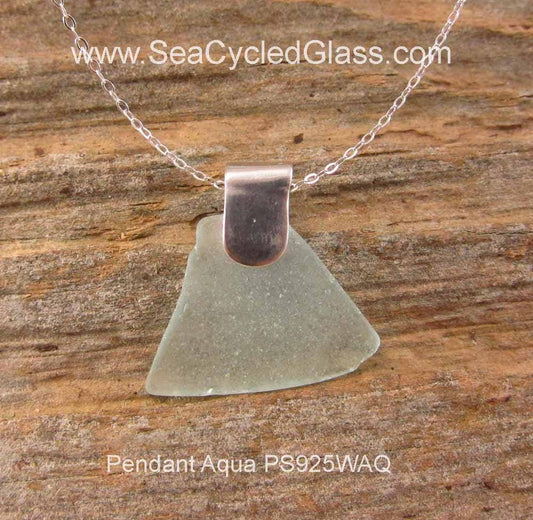 Shoreline Pendant - Aqua ice blue sea glass from Cape Breton, Nova Scotia, Canada with wide modern 925 Sterling silver bail and chain