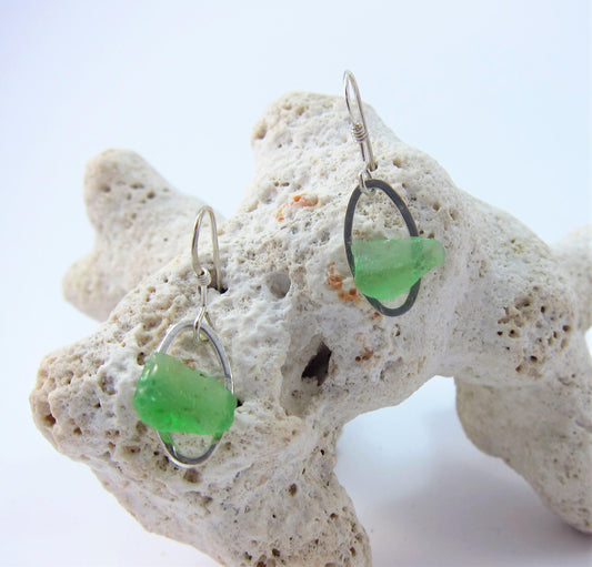 Littest's Mermaid's Tears Earrings - Green sea glass from South Shore, Nova Scotia, Canada on small silverplate oval