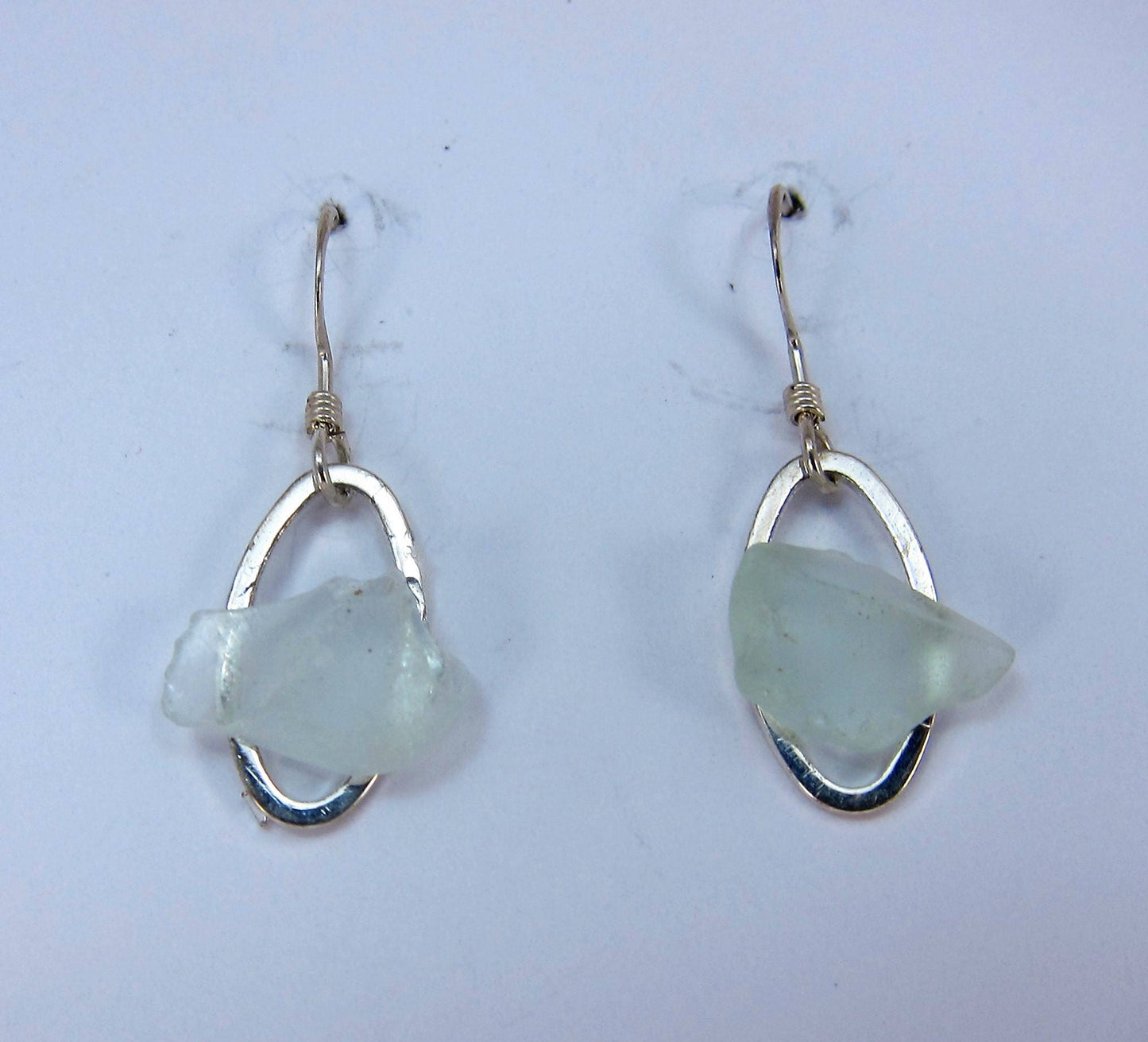 Littest's Mermaid's Tears Earrings -  White sea glass from South Shore of Nova Scotia, Canada on small silverplate oval