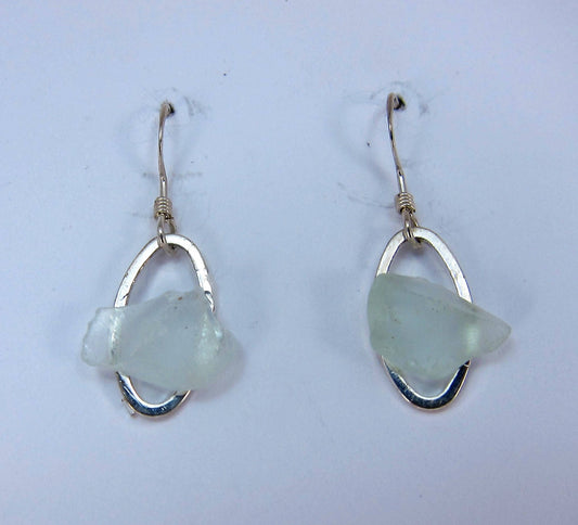 Littest's Mermaid's Tears Earrings - White sea glass from South Shore of Nova Scotia, Canada on small silverplate oval