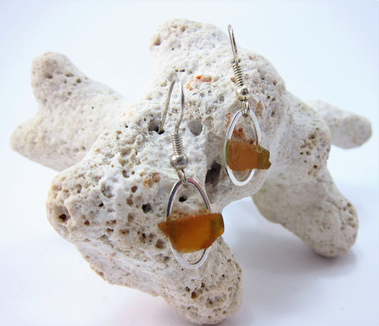 Littest's Mermaid's Tears Earrings - Amber sea glass from South Shore of Nova Scotia, Canada on small silverplate oval