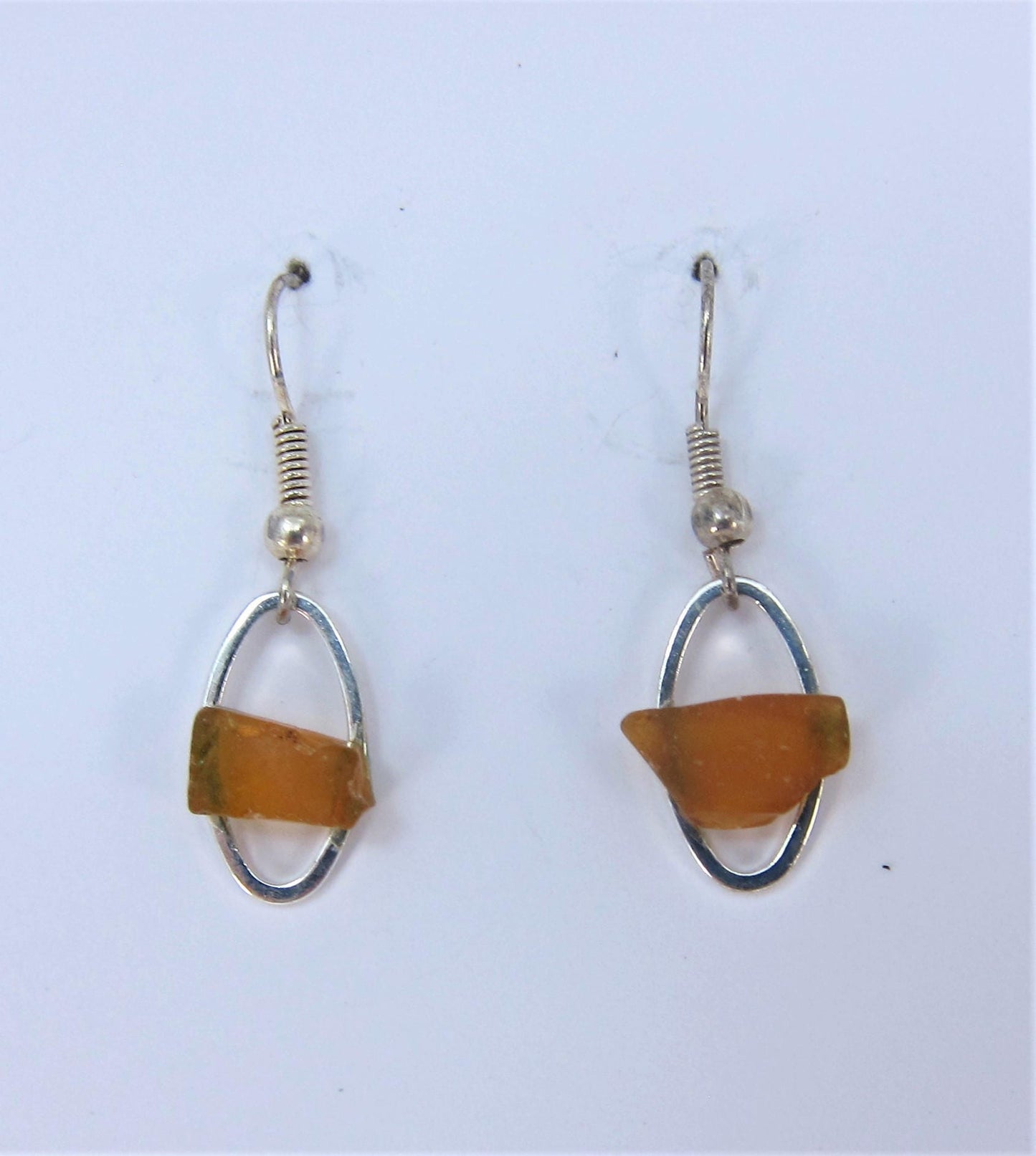 Littest's Mermaid's Tears Earrings - Amber sea glass from South Shore of Nova Scotia, Canada on small silverplate oval