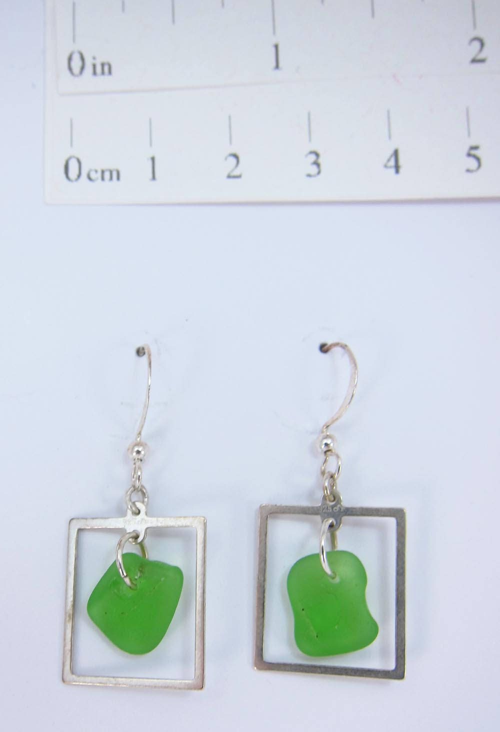 Framed! Earrings with green sea glass from Cape Breton, Nova Scotia, Canada framed in sterling silver on a nickle-free hook