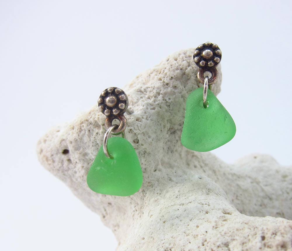Flower post earrings with green sea glass from Cape Breton, Nova Scotia