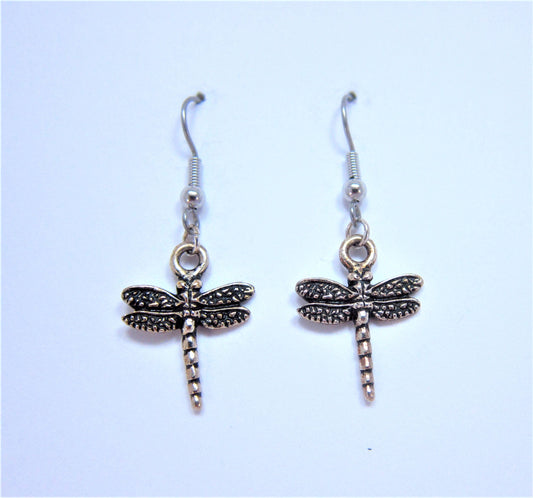 Charmed! Dragonfly earrings silver plate antique finish on hypoallergenic surgical steel hooks