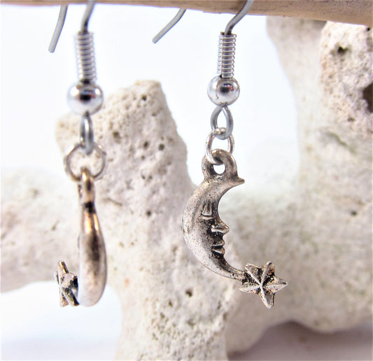 Charmed! Crescent moon earrings silver plate antique finish on hypoallergenic surgical steel hooks