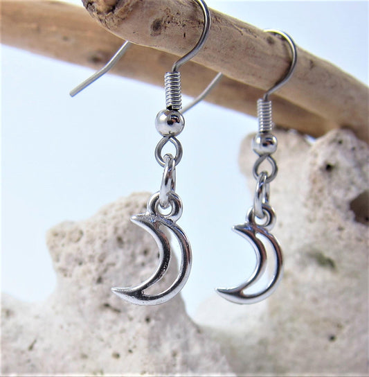 Charmed! Rhodium plate open crescent moon earrings on hypoallergenic surgical steel hooks