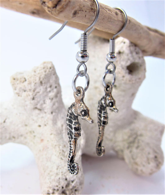 Charmed! Sea horse earrings silver plate antique finish on hypoallergenic surgical steel hooks