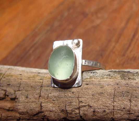 Handmade Sterling silver ring bezel set aqua sea glass from Northern California on rectangular base with silver ball accent size 7.5