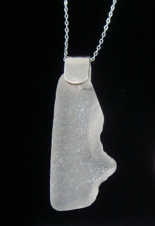 Shoreline Pendant - White frosted sea glass from Sydney, Cape Breton, Nova Scotia, Canada with wide modern Sterling silver bail with chain