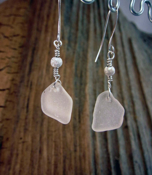 Stardust Earrings - White Cape Breton, Nova Scotia sea glass with sparkly Sterling silver bead on a nickle-free hook