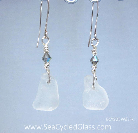 Crystaline Earrings - White sea glass from Cape Breton, Nova Scotia, Canada with sterling silver wire, crystal and hypo-allergenic wires