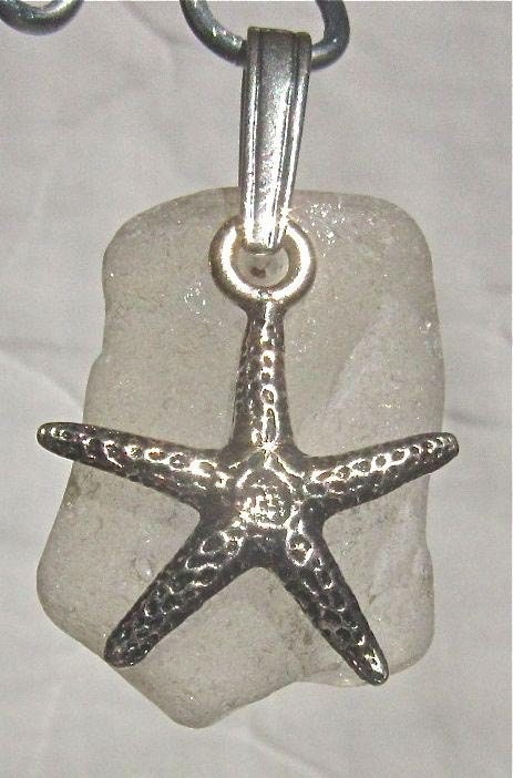 White Nova Scotia sea glass pendant starfish charm on 925 sterling silver bail