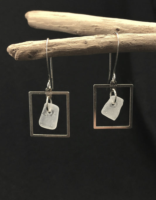 Framed! Earrings with white sea glass from Cape Breton, Nova Scotia, Canada framed in sterling silver on a nickle-free hook
