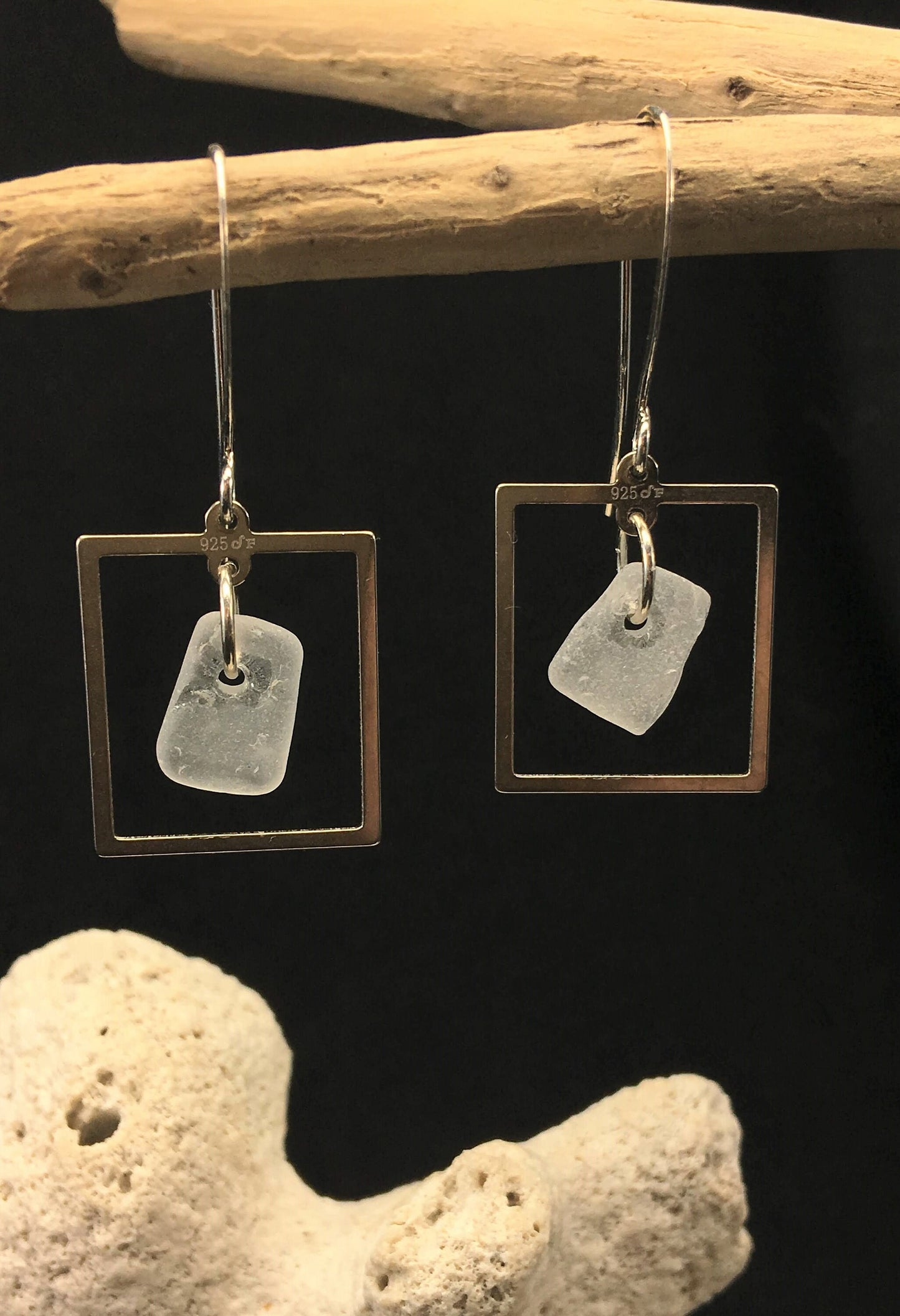 Framed! Earrings with white sea glass from Cape Breton, Nova Scotia, Canada framed in sterling silver on a nickle-free hook