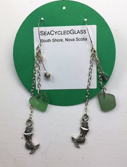 Mermaid charm earrings with crystals and green sea glass from the South Shore of Nova Scotia on hypoallergenic wires