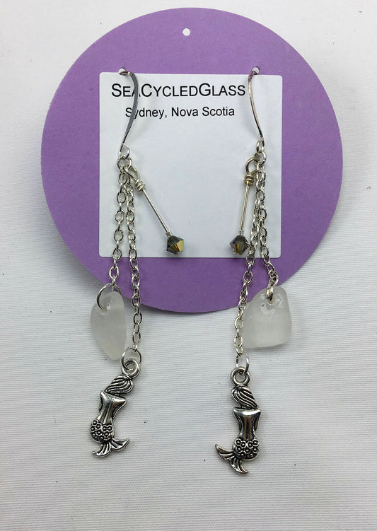 Mermaid charm earrings with crystals and white sea glass from Sydney, Cape Breton, Nova Scotia on hypoallergenic wires