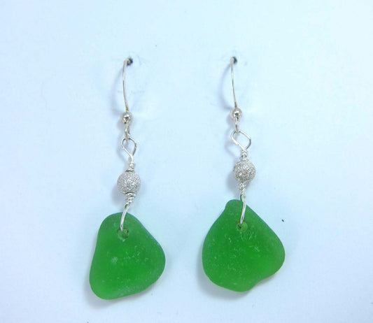 Stardust Earrings - Green sea glass from Cape Breton, Nova Scotia, Canada with Sterling silver bead on a nickle-free hook