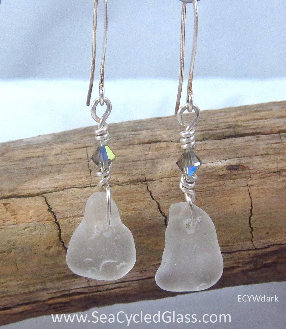 Crystaline Earrings - White sea glass from Cape Breton, Nova Scotia, Canada with sterling silver wire, crystal and hypo-allergenic wires