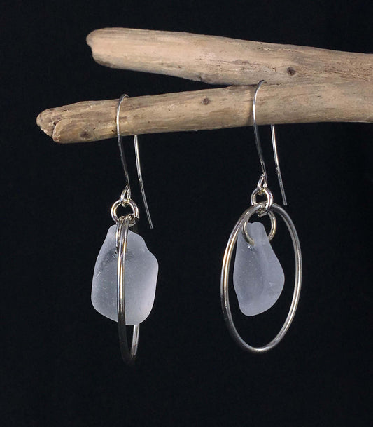 Heaven on Earth Earrings - White sea glass from Cape Breton, Nova Scotia with Sterling Silver Ovals on a nickle-free hook