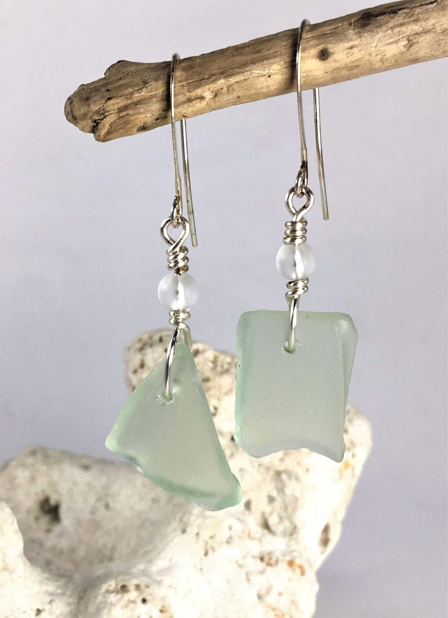 Crystal Earrings - Aqua sea glass from Florida with matt finish crystal bead on a hypoallergenic nickle-free hook