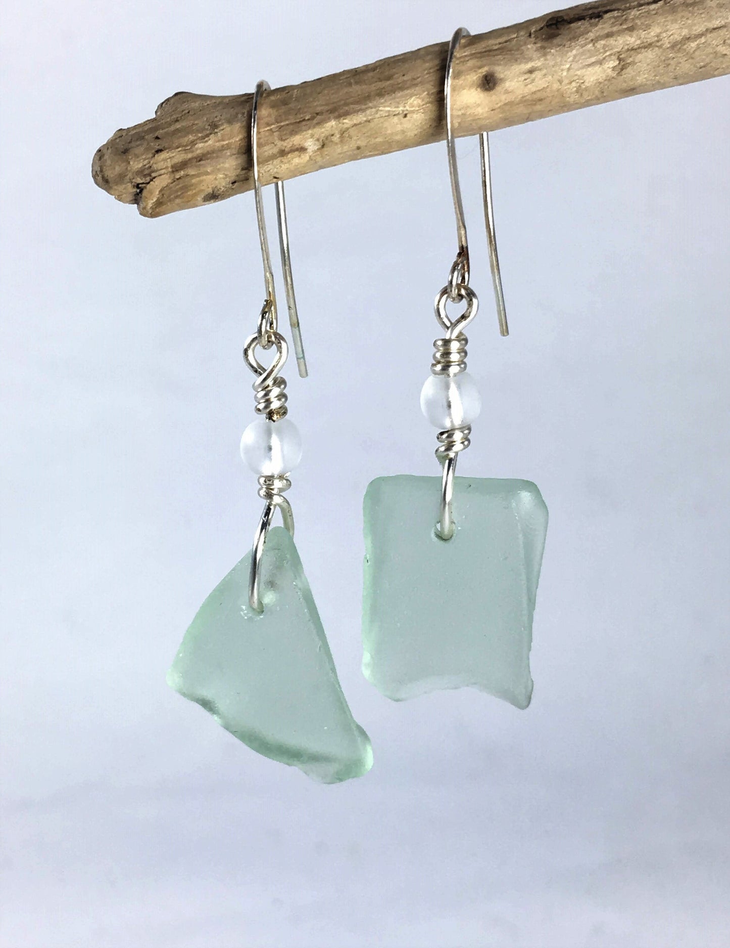 Crystal Earrings - Aqua sea glass from Florida with matt finish crystal bead on a hypoallergenic nickle-free hook