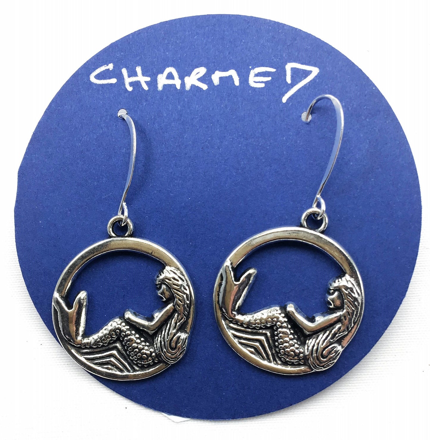 Charmed! Mermaid Medallion Earrings Silver Plate Antique Finish on hypoallergenic surgical steel hooks