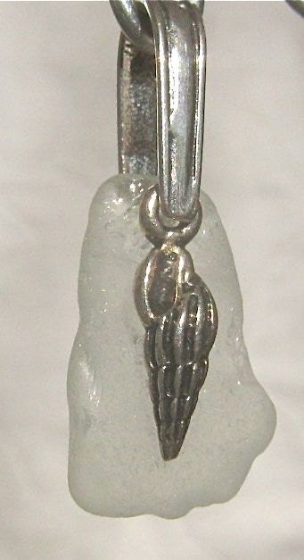 White Nova Scotia sea glass pendant sprial seashell charm on 925 sterling silver bail