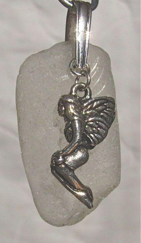 White Nova Scotia sea glass pendant with faerie charm 925 sterling silver bail